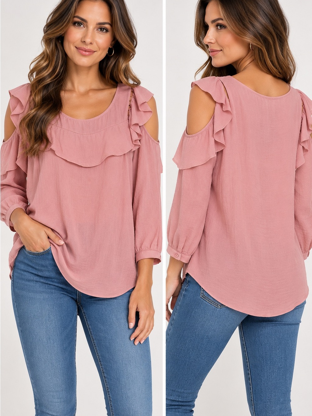 a.n.a Dusty Rose Cold-Shoulder Ruffle Blouse
